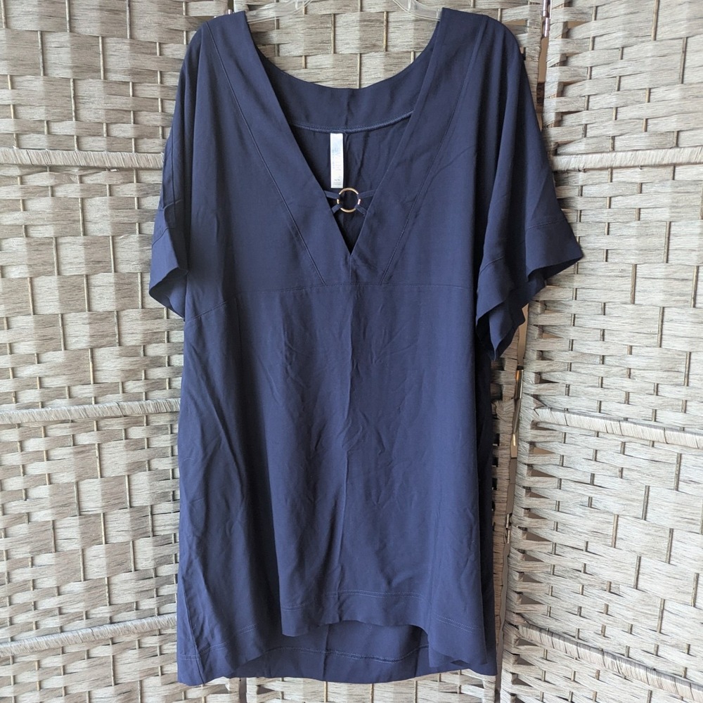 Swim by Cacique Bathing Sit Cover Up Navy Blue O-Ring V-Neck Womens 14/16 Beach